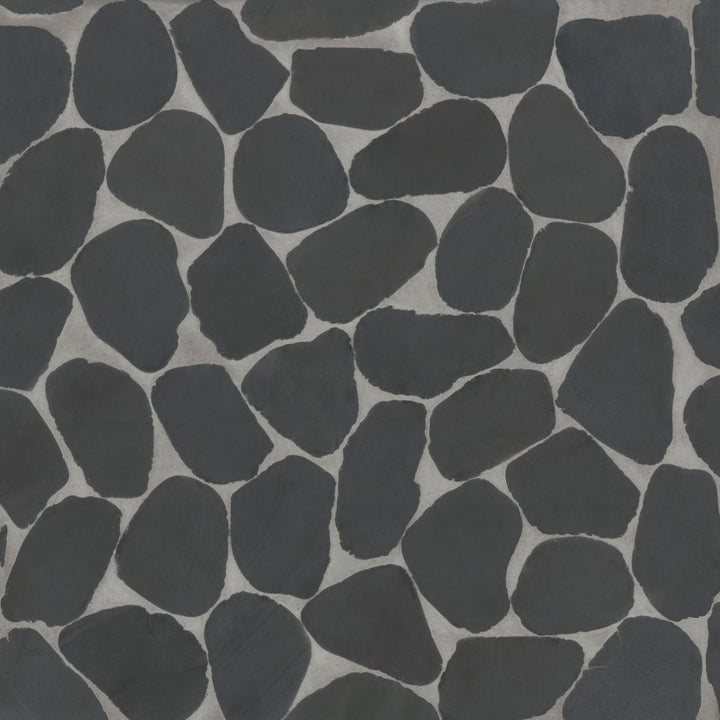 Flat lay of Waterbrook Super Black Sliced Pebble Natural Stone Mosaic, presenting bold, jet-black pebbles with a sleek, modern edge for dramatic contrast.