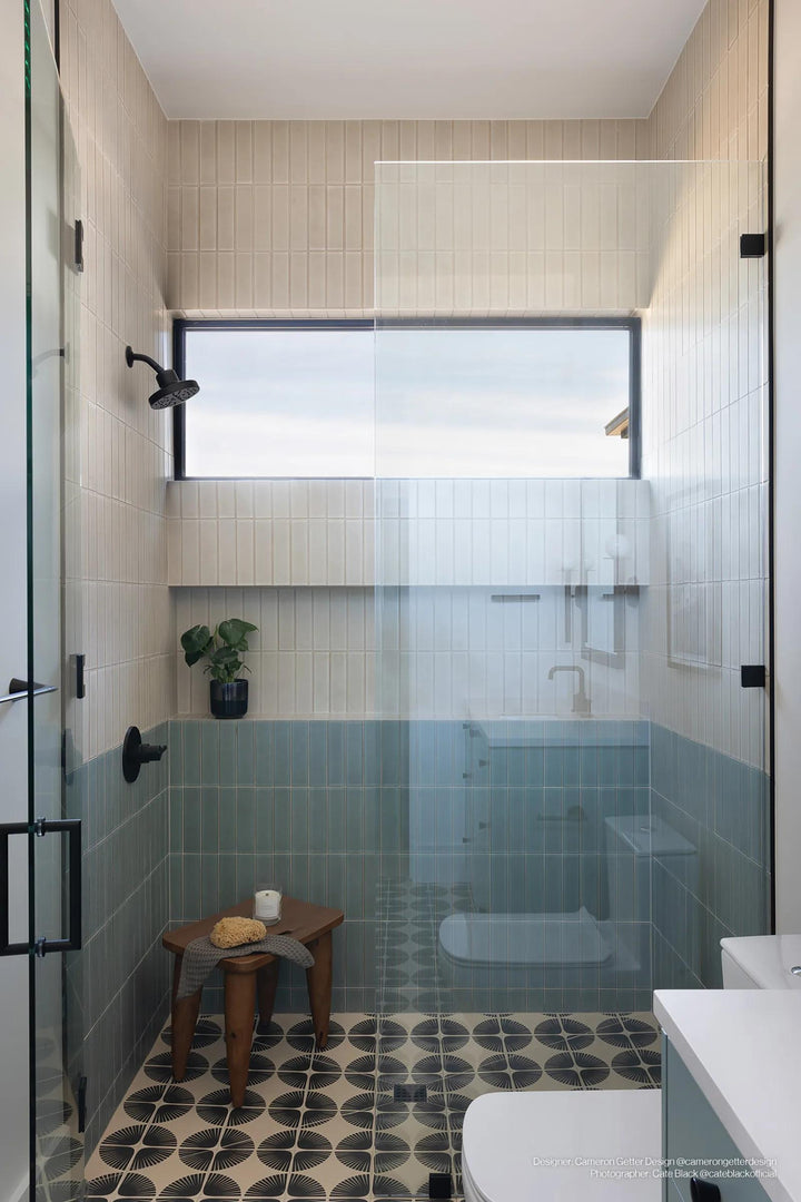 Contemporary room with Zenia Orion 2.5x9 matte glazed porcelain tiles, offering a sleek and refined aesthetic.