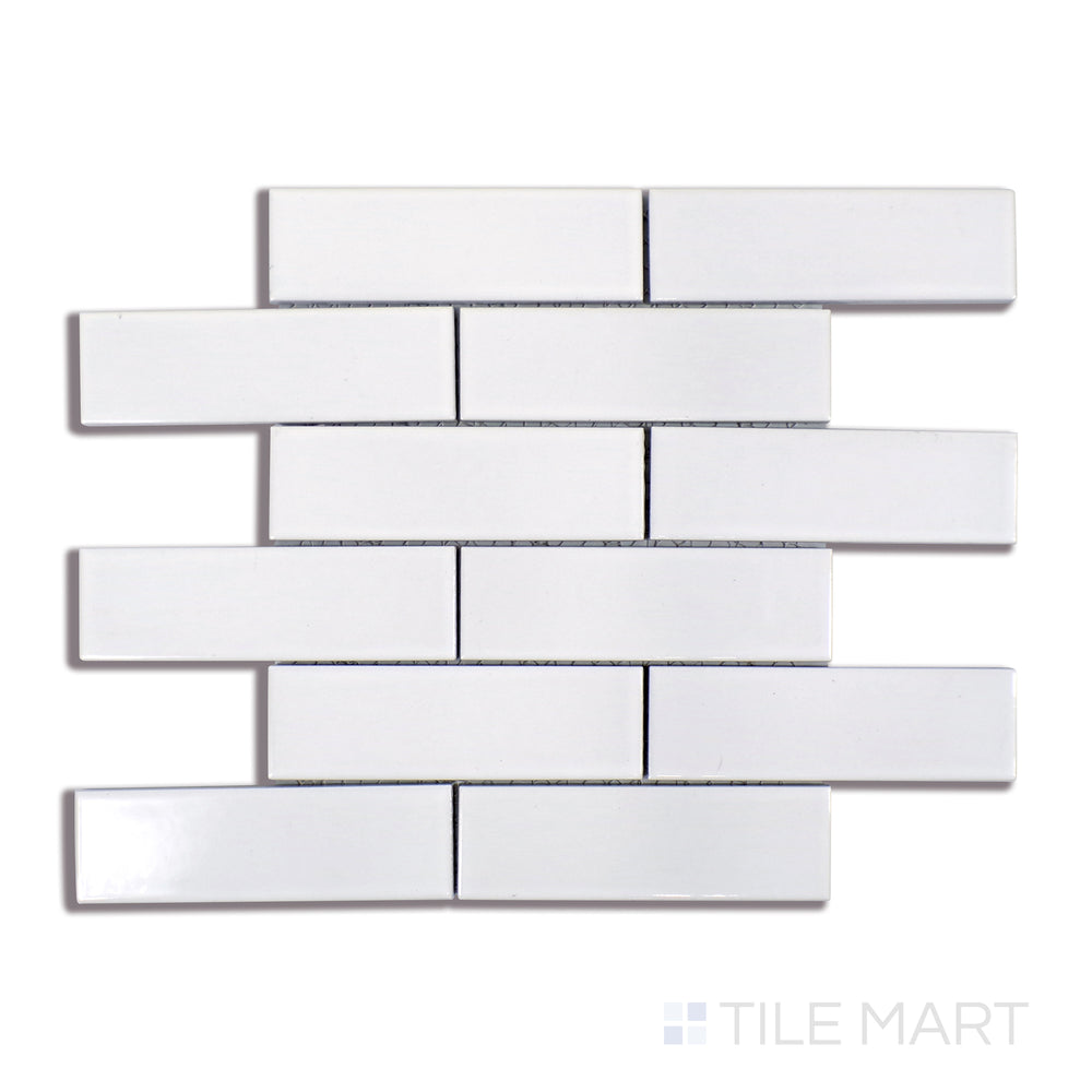 A precise close-up of Zenia Milky Way Rectangle Gloss Glazed Porcelain Mosaic showcases its brilliant white tones and high-shine finish, ideal for creating a luminous space.