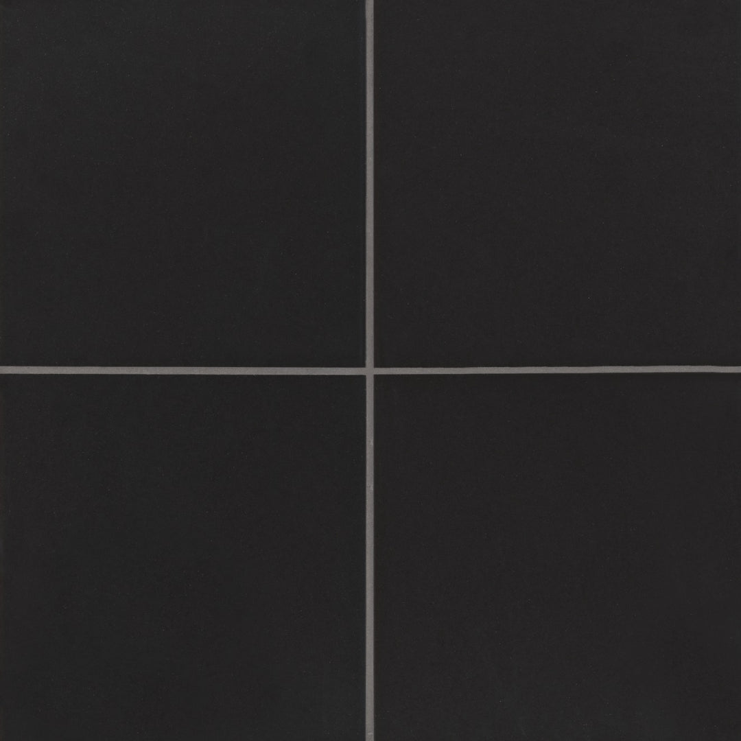 Top-down view of Rothko Black 9X9 Matte Glazed Ceramic, showcasing a deep black surface with a smooth matte finish for a bold, contemporary aesthetic.
