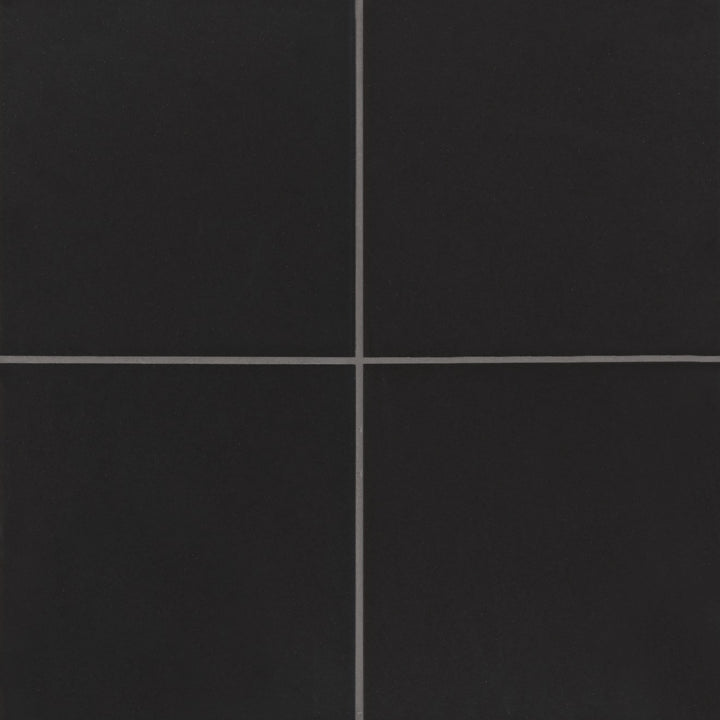 Top-down view of Rothko Black 9X9 Matte Glazed Ceramic, showcasing a deep black surface with a smooth matte finish for a bold, contemporary aesthetic.