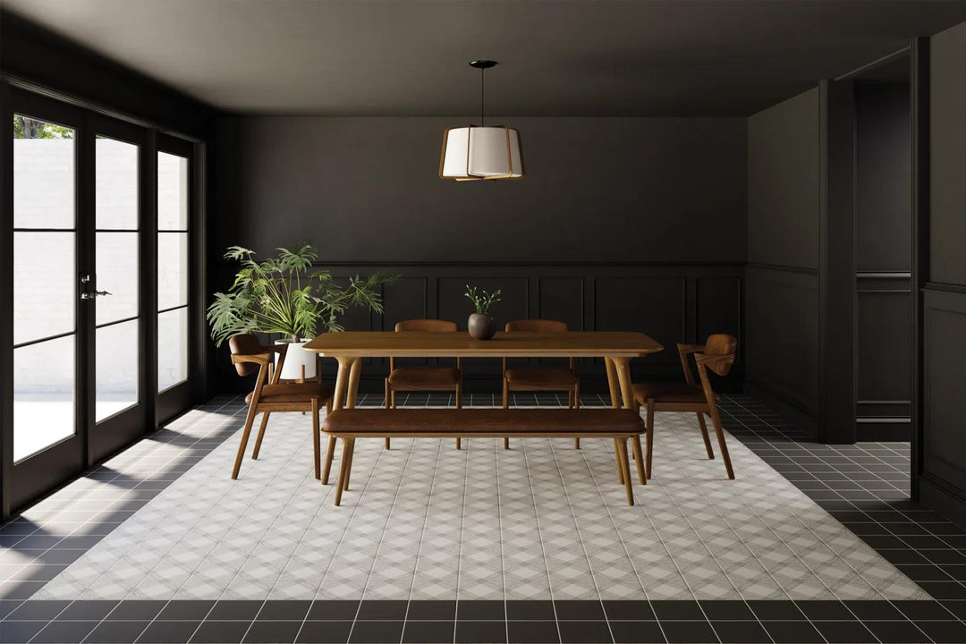 A bold statement unfolds with Rothko Black 9X9 matte glazed ceramic, where deep tones and striking geometry create an artistic backdrop.