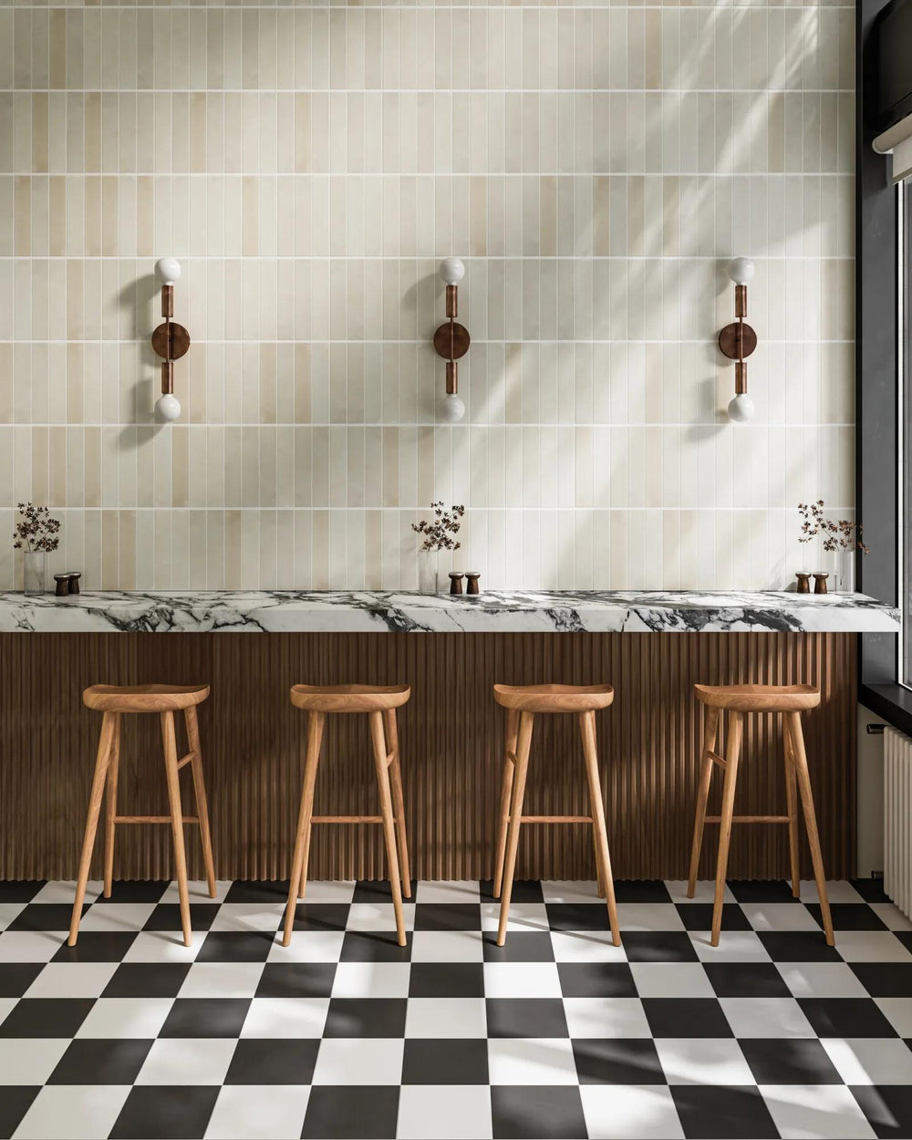 Crisp and contemporary, Rothko White 9X9 matte glazed ceramic enhances the space with a clean, minimal aesthetic that feels effortlessly modern.