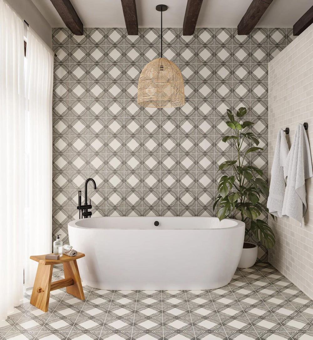 Precision and movement merge in Rothko Linear Squares 9X9 matte glazed ceramic, offering a rhythmic, modern aesthetic.