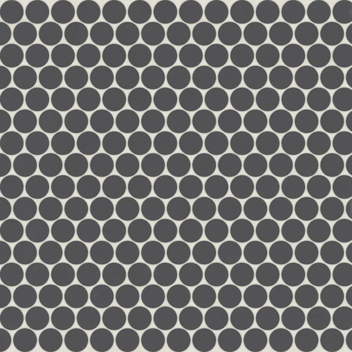Aerial view of Marin Black Sea 3/4" Penny Round Matte Glazed Porcelain Mosaic, highlighting rich black hues with a subtle matte glaze for a bold and dramatic design.