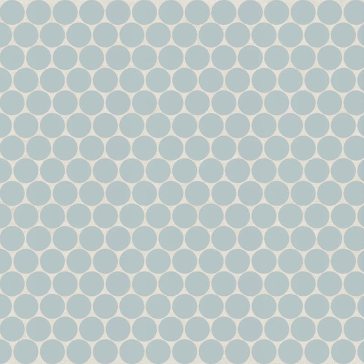 Top-down perspective of Marin Misty Blue 3/4" Penny Round Matte Glazed Porcelain Mosaic, showcasing soft blue tones with a misty, tranquil feel in a matte finish.