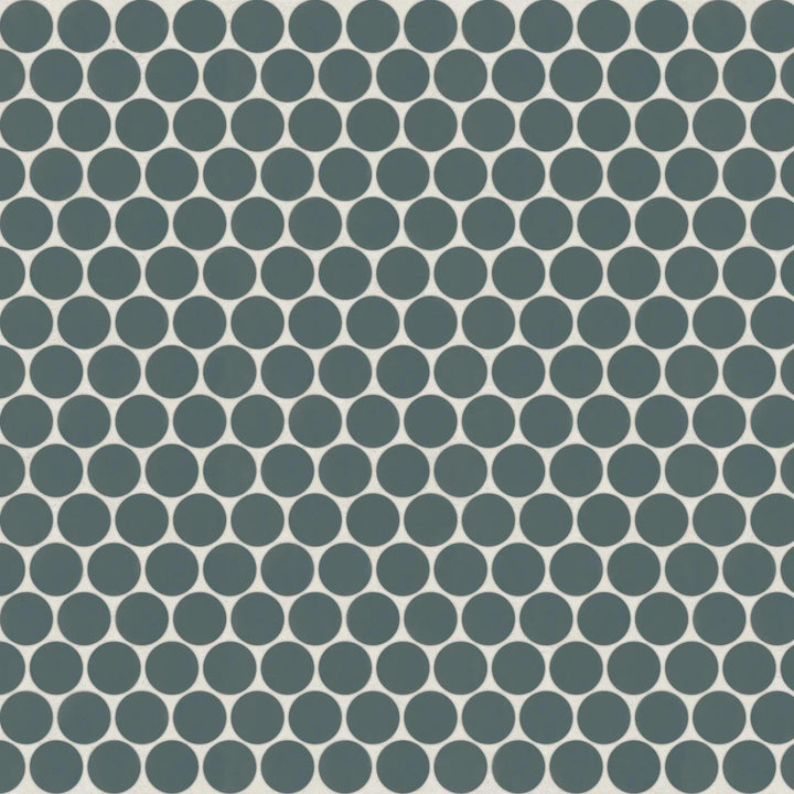 Flat lay of Marin Ocean Teal 3/4" Penny Round Matte Glazed Porcelain Mosaic, displaying a vibrant teal hue with a contemporary matte glaze for a coastal-inspired style.