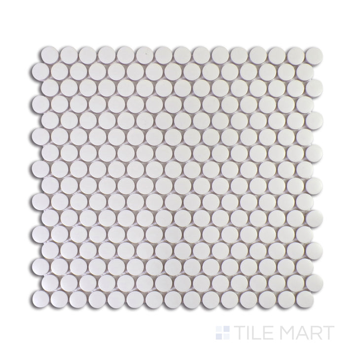 A precise close-up of Marin Pearl White 3/4" Penny Round Matte Glazed Porcelain Mosaic captures its pure white elegance with a satin-like matte finish, perfect for brightening spaces.