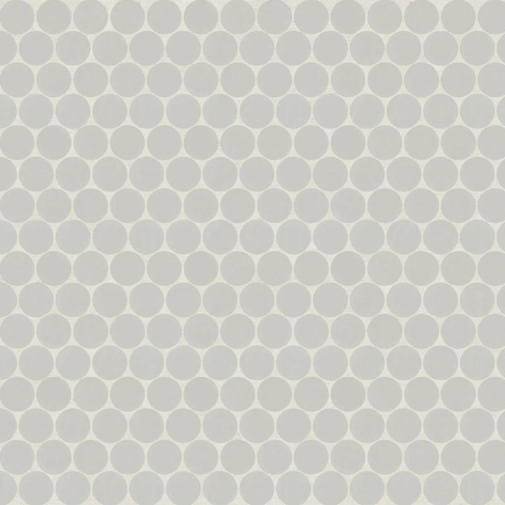 Aerial shot of Marin Pebble Gray 3/4" Penny Round Matte Glazed Porcelain Mosaic, presenting a soft gray palette with a pebble-inspired texture in a modern matte finish.