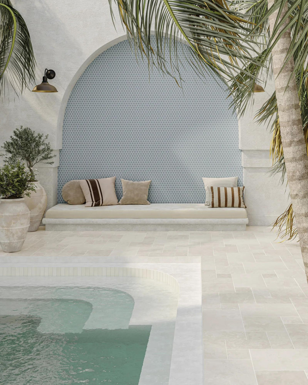 A soft, misty blue tone and circular elegance define Marin Misty Blue 2" penny round matte glazed porcelain, adding a gentle, refreshing ambiance.