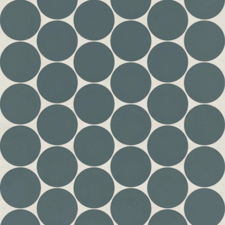 Top-down perspective of Marin Ocean Teal 2" Penny Round Matte Glazed Porcelain Mosaic, featuring vibrant teal hues with a smooth matte texture.