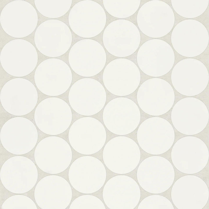 Overhead image of Marin Pearl White 2" Penny Round Matte Glazed Porcelain Mosaic, highlighting a luminous white surface with a refined matte glaze.