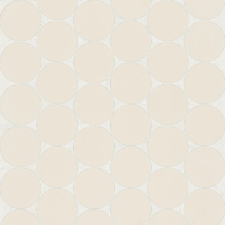 Aerial shot of Marin Sand Dollar 2" Penny Round Matte Glazed Porcelain Mosaic, evoking warm sandy tones in a classic penny round shape with a matte glaze.