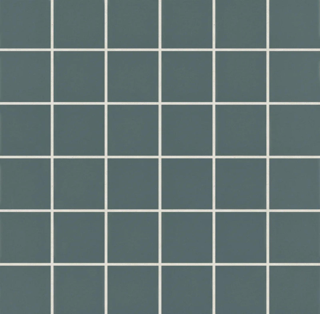 Overhead image of Marin Ocean Teal 2" Square Matte Glazed Porcelain Mosaic, showcasing a vibrant teal hue with a smooth matte surface in a structured square format.