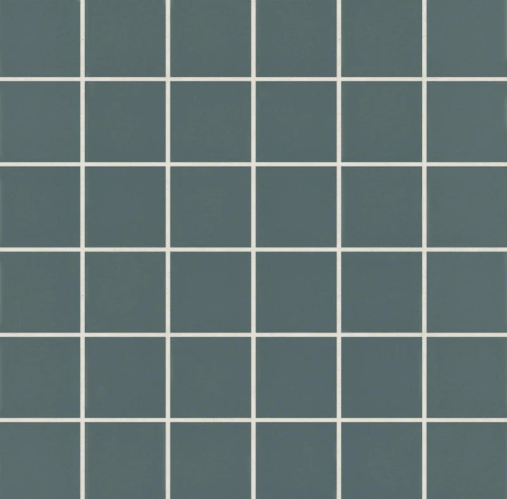 Overhead image of Marin Ocean Teal 2" Square Matte Glazed Porcelain Mosaic, showcasing a vibrant teal hue with a smooth matte surface in a structured square format.
