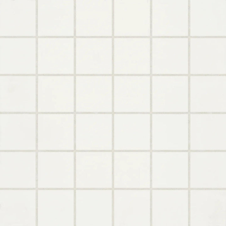 Flat lay of Marin Pearl White 2" Square Matte Glazed Porcelain Mosaic, featuring a luminous white background in a modern square pattern with a refined matte finish.