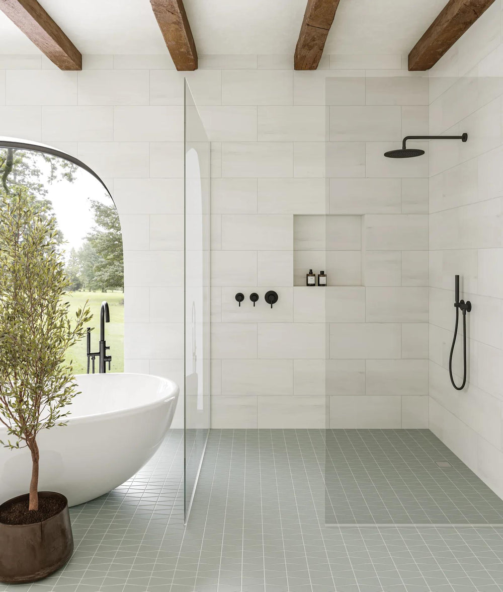 A geometric touch with nature-inspired hues, Marin Aloe Green trapezoid matte glazed porcelain brings organic energy into contemporary designs.