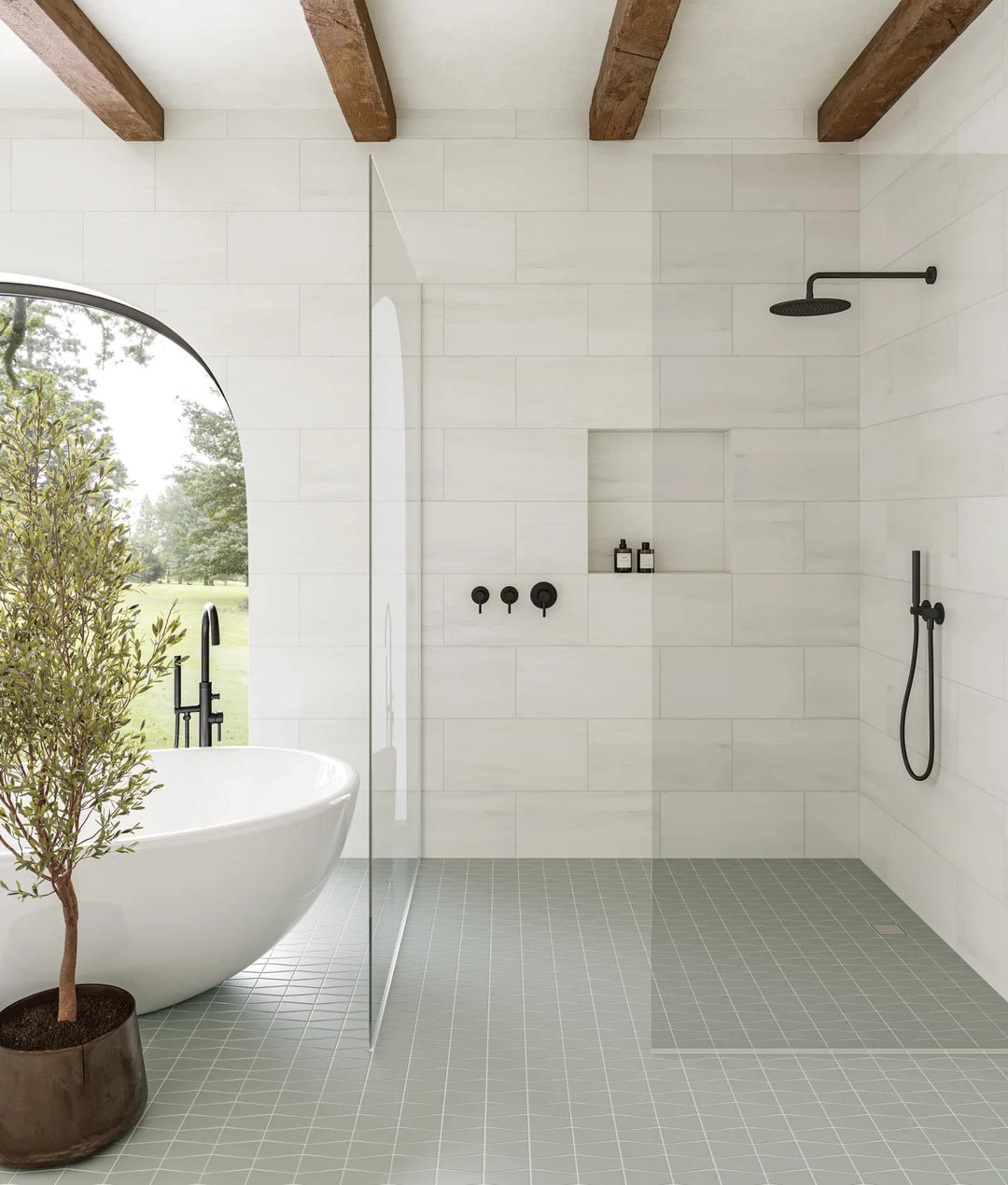 A geometric touch with nature-inspired hues, Marin Aloe Green trapezoid matte glazed porcelain brings organic energy into contemporary designs.