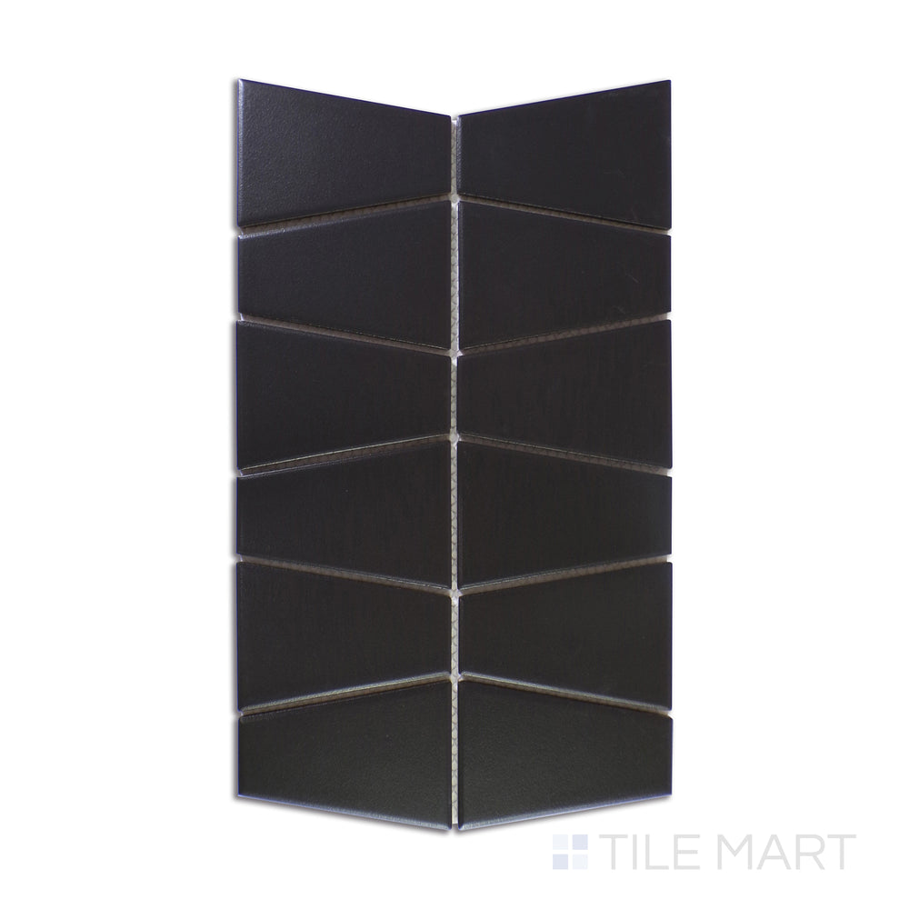 A highly detailed close-up of Marin Black Sea Trapezoid Matte Glazed Porcelain Mosaic showcases its rich black hues with a soft matte finish, adding bold elegance to any space.