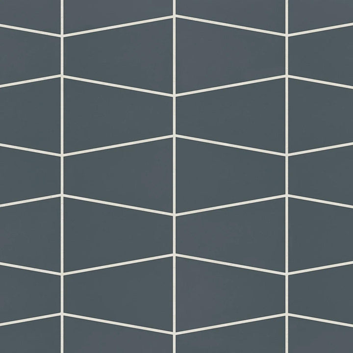 Top-down perspective of Marin Midnight Tide Trapezoid Matte Glazed Porcelain Mosaic, displaying rich navy blue hues with a contemporary trapezoid shape and a matte coating.