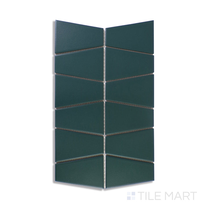A sharply detailed close-up of Marin Ocean Teal Trapezoid Matte Glazed Porcelain Mosaic highlights its bold teal hues with a matte finish, perfect for adding depth to any setting.