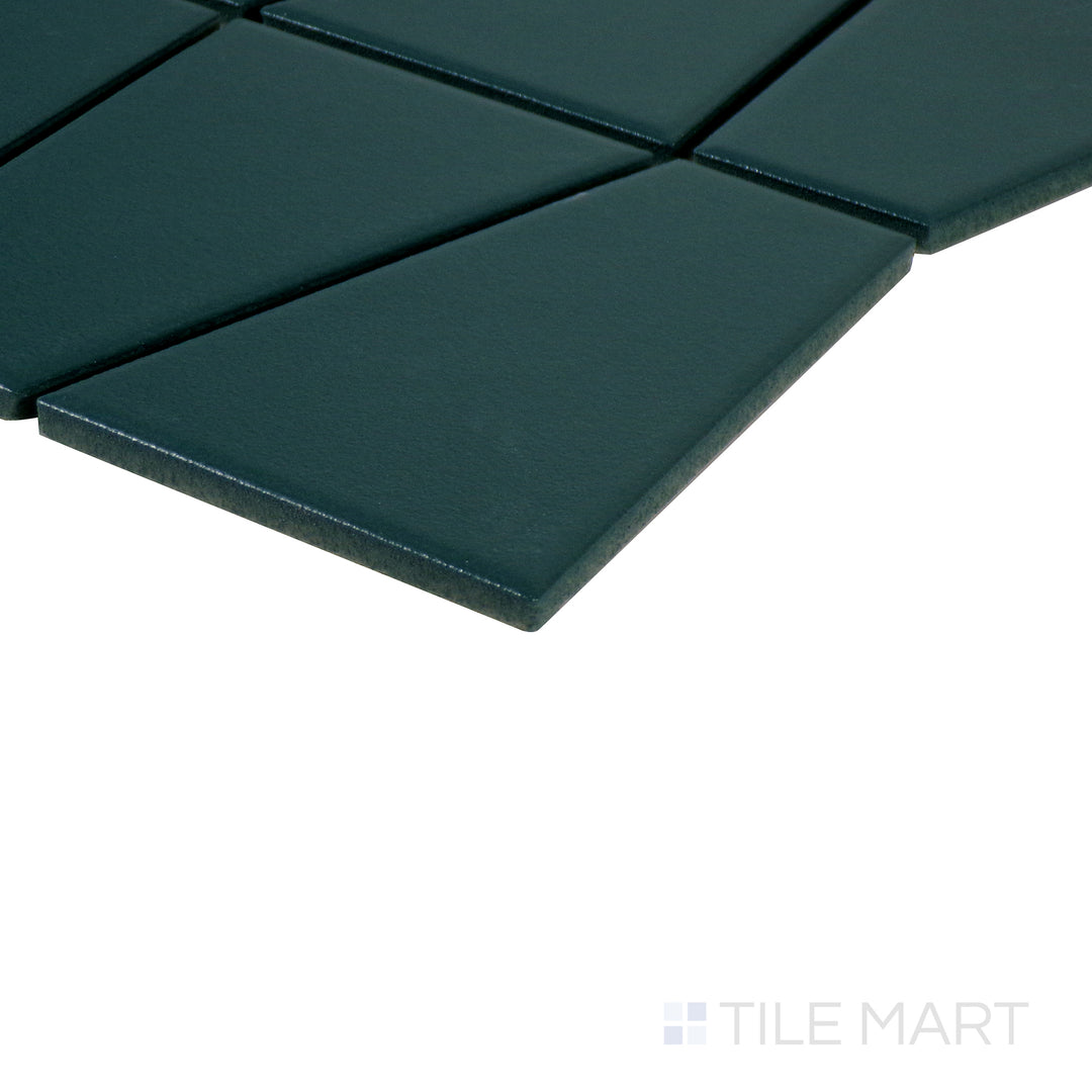 Angled close-up of Marin Ocean Teal trapezoid matte glazed porcelain mosaic, featuring a vibrant teal hue, structured matte surface, and crisp edge transition at the corner.