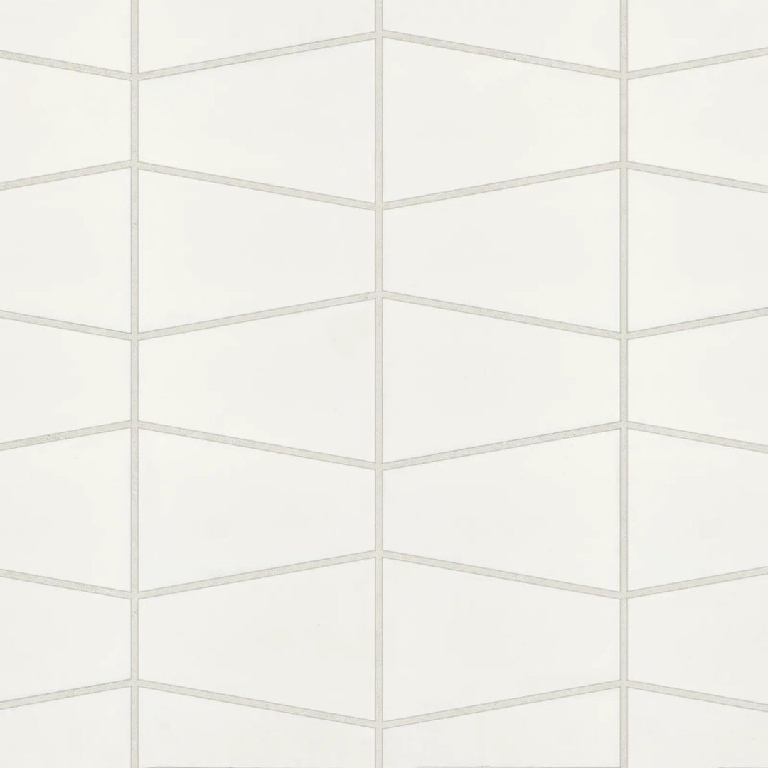 Aerial shot of Marin Pearl White Trapezoid Matte Glazed Porcelain Mosaic, presenting a crisp white tone in an elegant trapezoid layout with a smooth matte coating.
