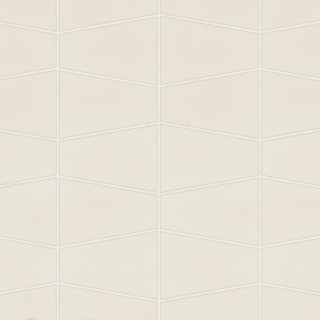 Overhead shot of Marin Sand Dollar Trapezoid Matte Glazed Porcelain Mosaic, showcasing warm sandy hues in a structured trapezoid design with a soft matte surface.