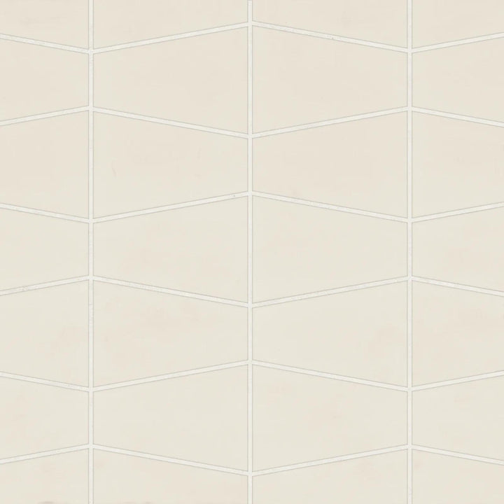 Overhead shot of Marin Sand Dollar Trapezoid Matte Glazed Porcelain Mosaic, showcasing warm sandy hues in a structured trapezoid design with a soft matte surface.