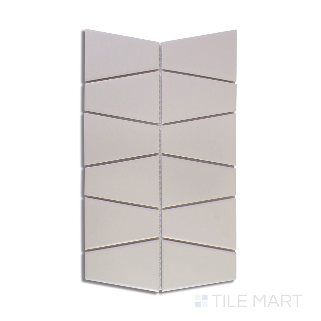 A close-up view of Marin Sand Dollar Trapezoid Matte Glazed Porcelain Mosaic highlights its warm beige tones and modern trapezoid shape, perfect for contemporary interiors.