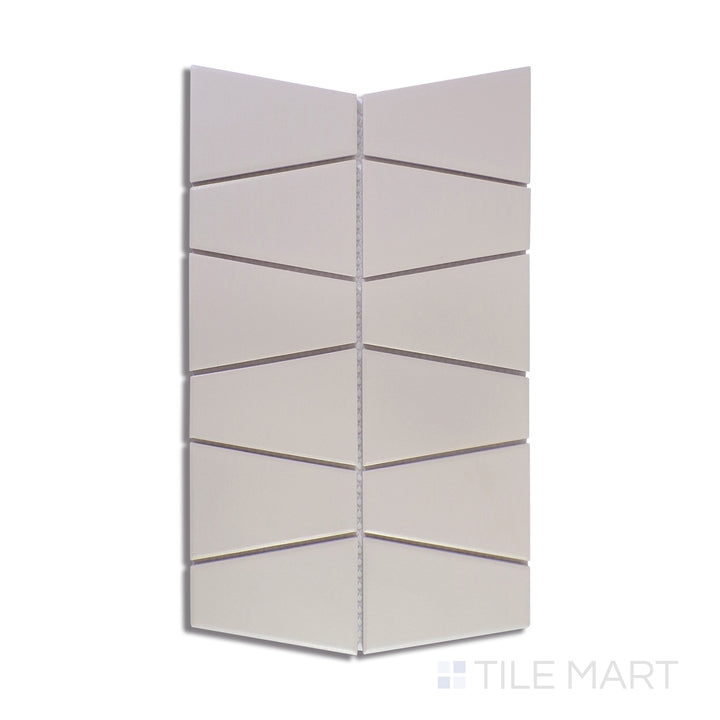 A close-up view of Marin Sand Dollar Trapezoid Matte Glazed Porcelain Mosaic highlights its warm beige tones and modern trapezoid shape, perfect for contemporary interiors.