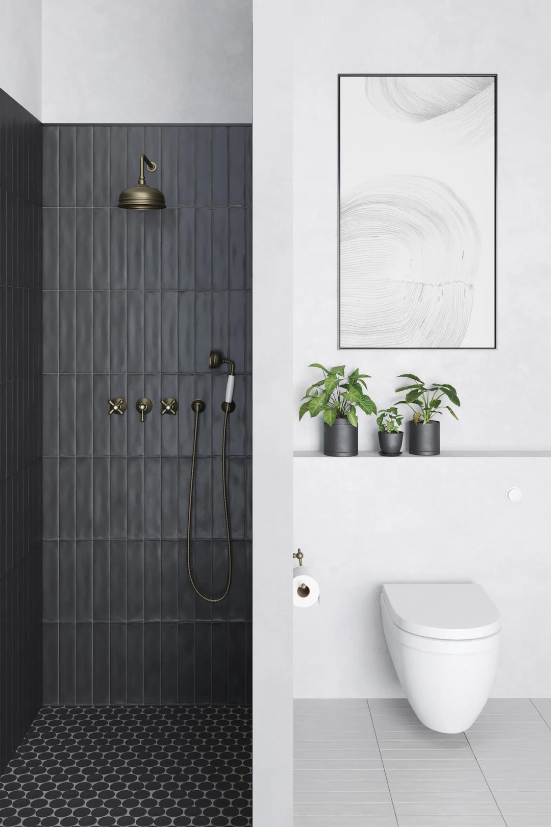 Deep black tones and a smooth matte surface bring a sleek, modern touch, complementing contemporary spaces with Makoto Kuroi Black 2" round porcelain mosaic.