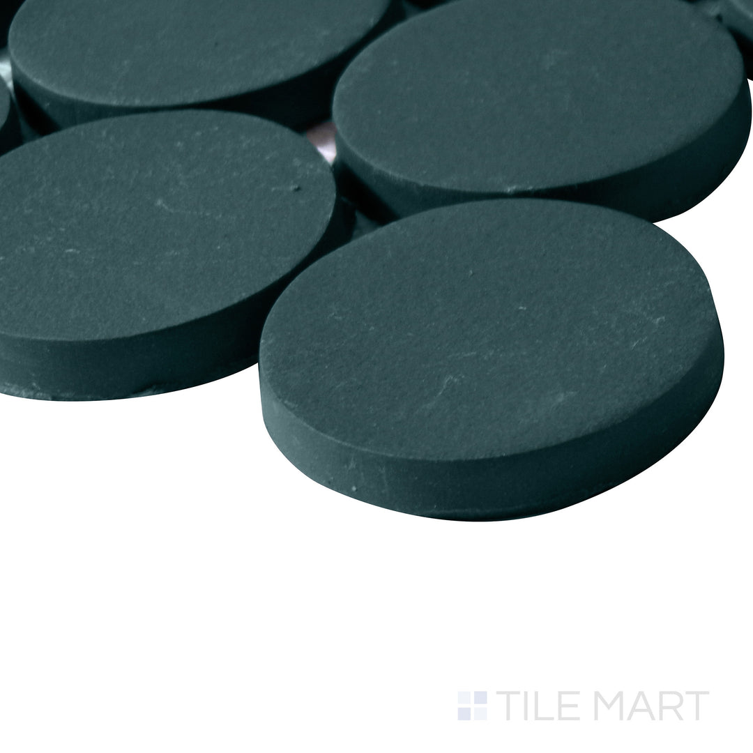 Corner-focused image of Makoto Midori Green 2" round matte porcelain mosaic, highlighting its deep green shade, soft matte finish, and the structured tile arrangement along the edges.