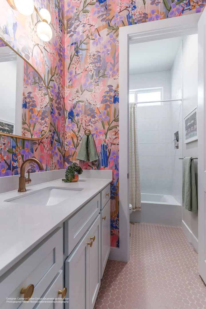 A delicate and modern aesthetic created with Makoto Momoiro Blush 2" Round Matte Porcelain Mosaic, adding soft blush tones with a smooth matte surface.