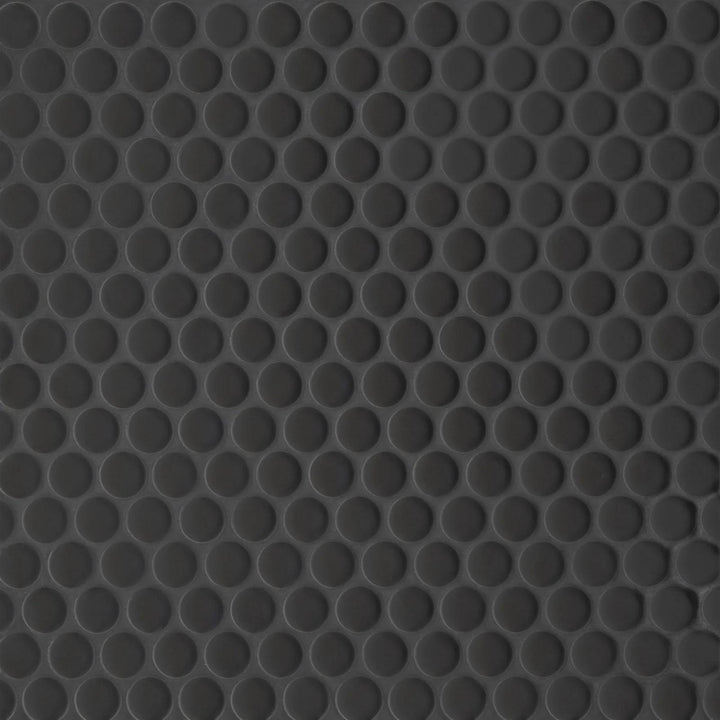 Top-down view of Le Café Black 3/4" Penny Round Matte Porcelain Mosaic, featuring classic black tones in a penny round pattern with a sleek matte coating.