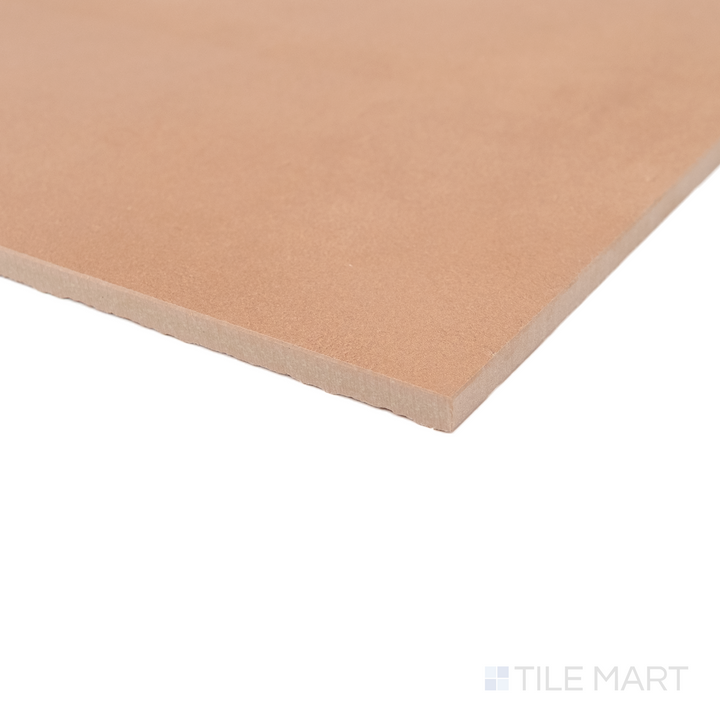 This view captures the earthy tones of Sahara Cotto in a matte porcelain finish from the corner angle.