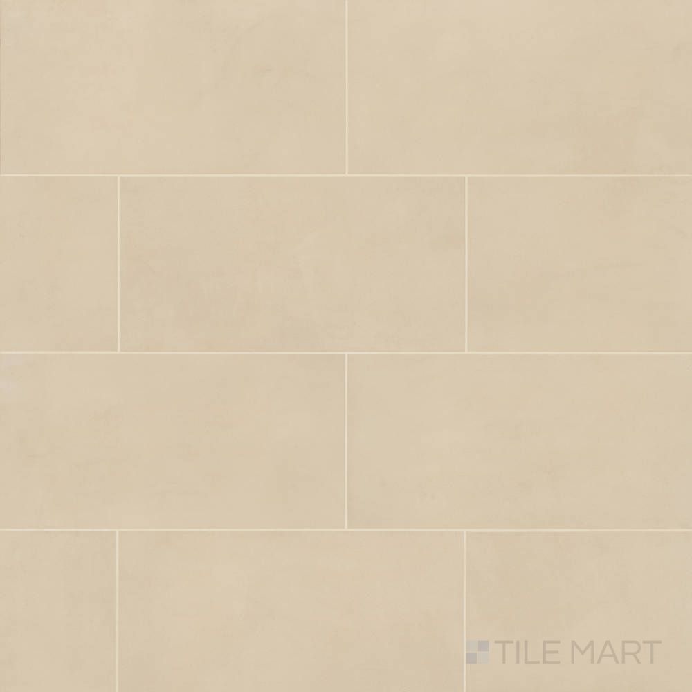 Sahara Ecru 12x24 matte porcelain tile shown in full layout, offering a neutral beige tone with subtle stone patterning.