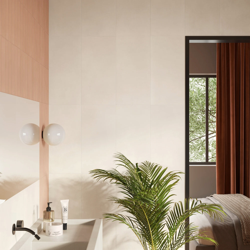 Sahara White Matte Porcelain displayed in a bright interior, emphasizing its clean, minimalist look and smooth matte surface.