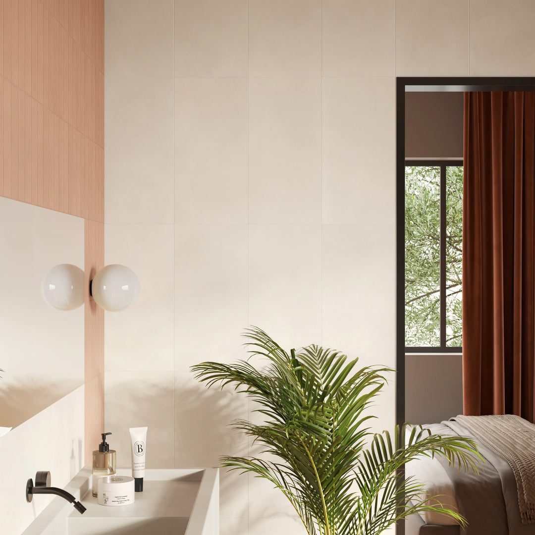 Sahara White Matte Porcelain displayed in a bright interior, emphasizing its clean, minimalist look and smooth matte surface.