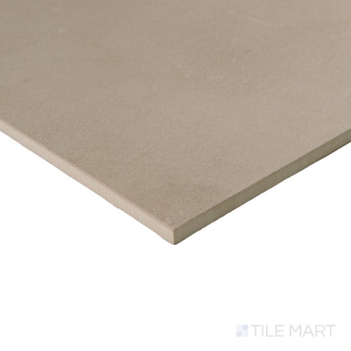 Corner detail of Sahara Taupe 12x24 matte porcelain tile revealing soft neutral tones and clean edges