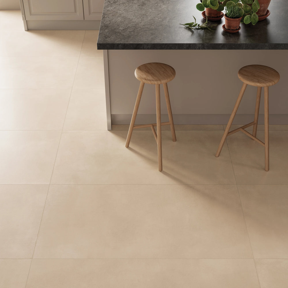 Sahara White Matte Porcelain captured in a modern roomscene, reflecting purity and understated luxury with a matte finish.