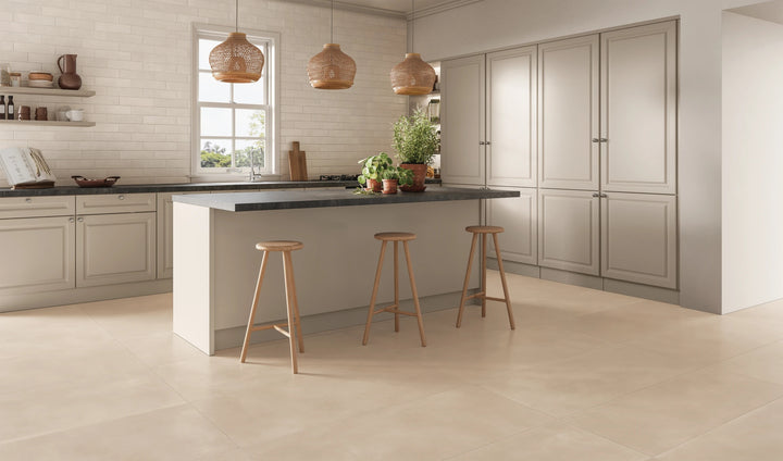 Sahara White 24x48 matte porcelain tile shown in a styled setting to highlight its clean, bright surface.
