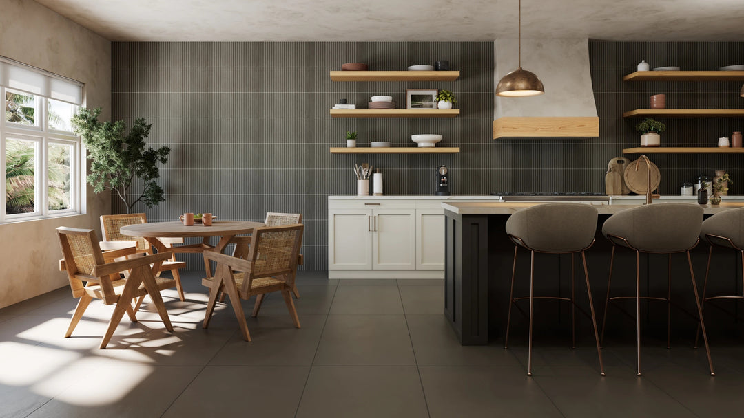 Sahara Dark 24x48 matte porcelain tile featured in a lifestyle view, emphasizing its bold, deep-toned surface.