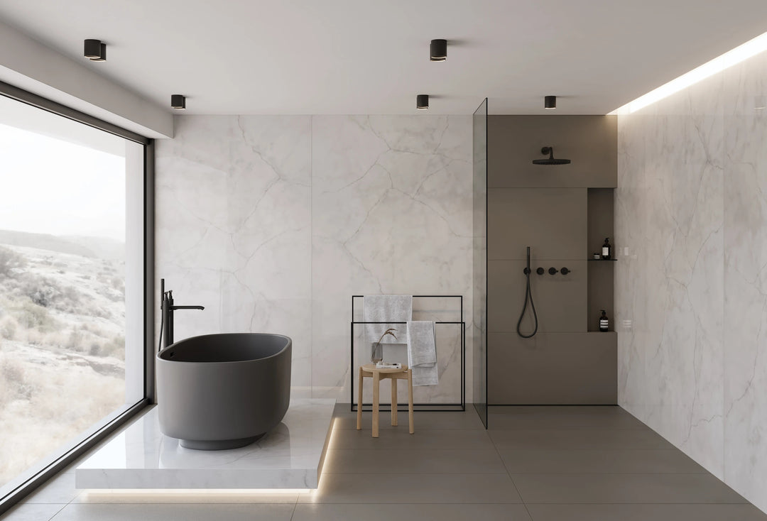 With bold, deep tones, Sahara Dark 24x48 matte porcelain tile adds dramatic contrast in a modern setting.