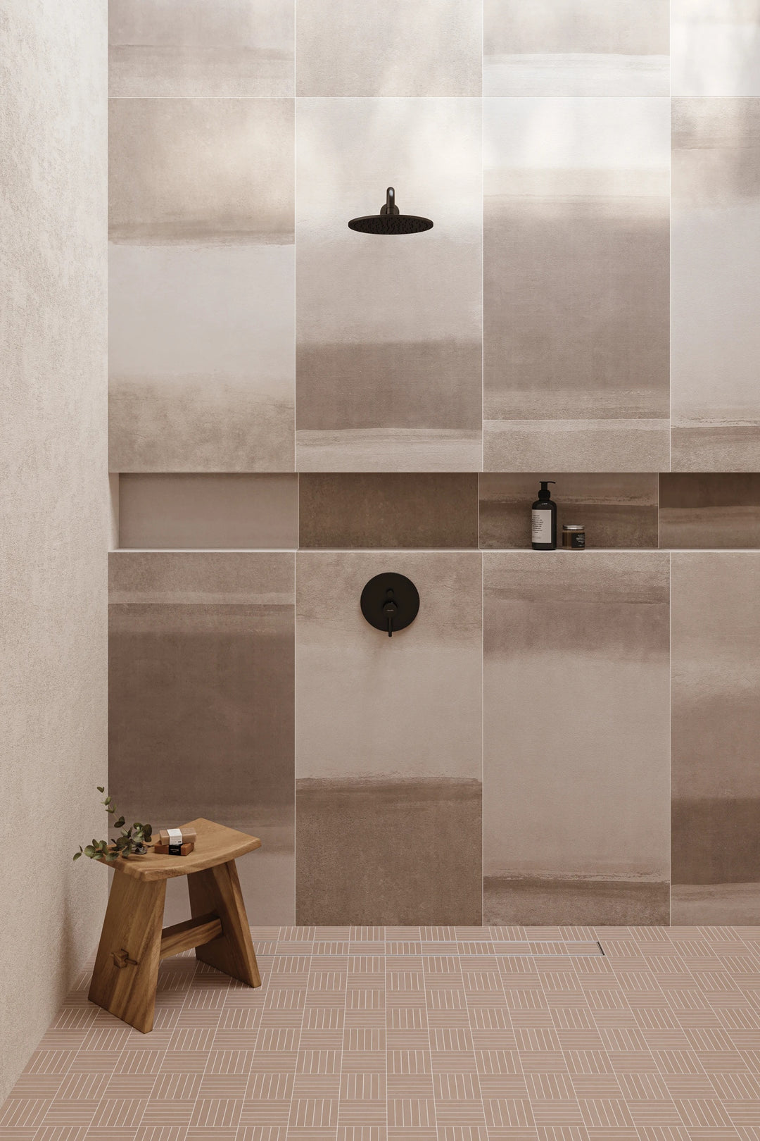 Cool tones define Sahara Cold Deco in this 24x48 matte porcelain, shown from a soft corner angle.