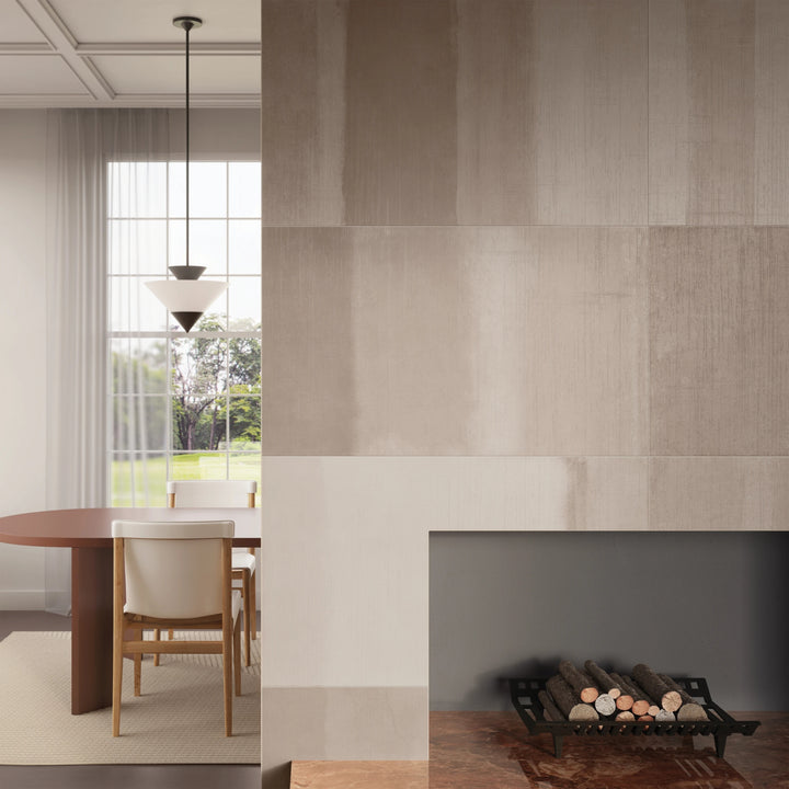 Inspired by cooler palettes, Sahara Cold 24x48 deco matte porcelain tile brings crisp elegance to the design.