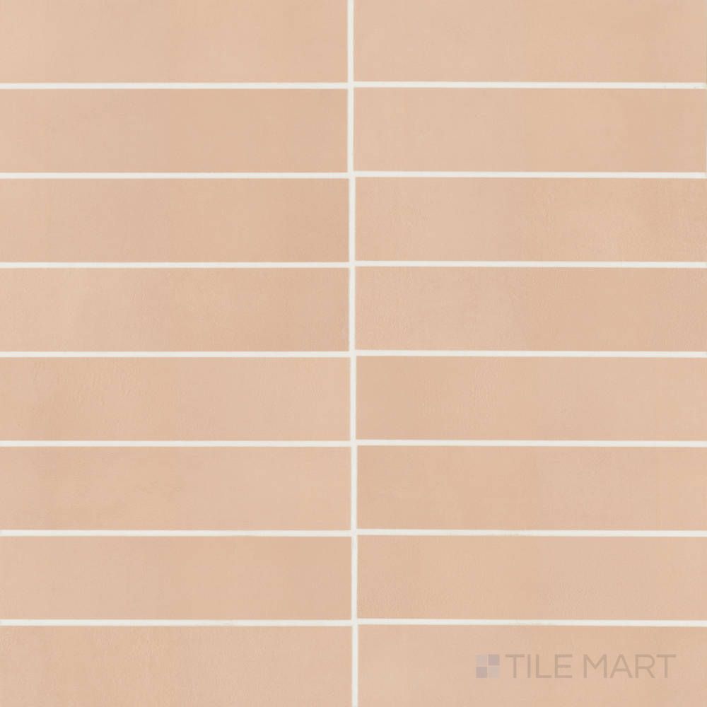 Overview of Sahara Rose 3x12 matte porcelain tile, showing warm blush stone tones in a sleek, linear tile design.