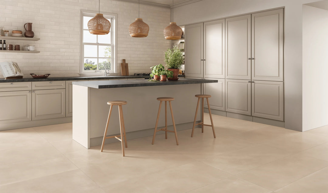 Sahara White 3x12 matte porcelain tile highlighted in a clean, contemporary lifestyle display.