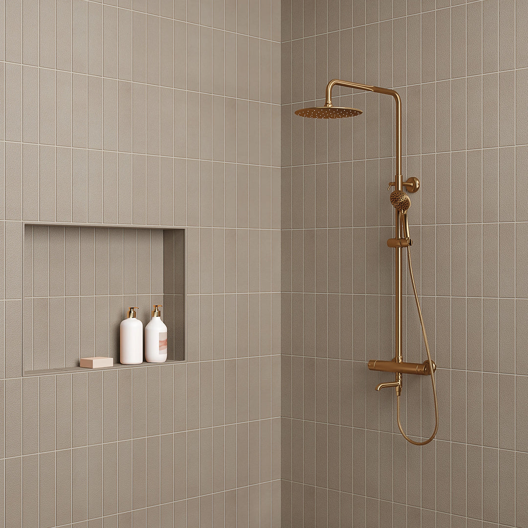 Sahara Taupe Matte Porcelain styled in a contemporary scene, highlighting its warm neutral balance and organic texture.