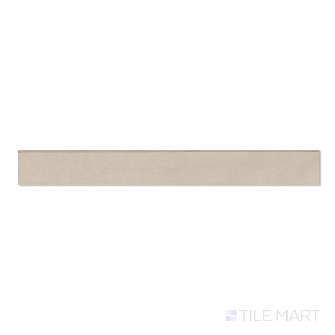 Flat view of Sahara Ecru 3x24 matte porcelain bullnose tile, offering a warm neutral tone and rounded edge detail.